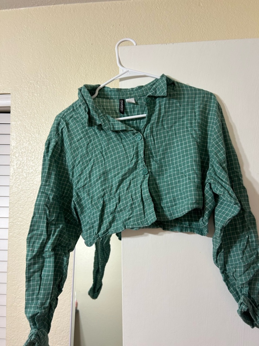 Divided Green Checked Cropped Button-Up Top